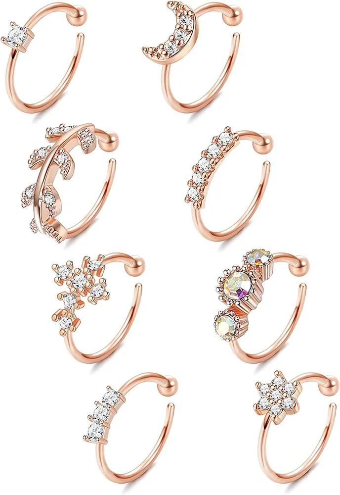 8pcs Falsche Nase Ring Schleife Edelstahl Faux Nasen Ringe gepflastert CZ Clip auf Nasenring Nicht durchdringende Nasenmanschette Falsche Nasen Schleife für Frauen