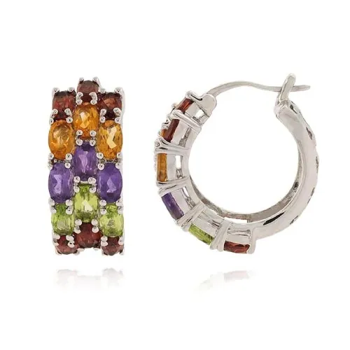Sterling Silber Multi Edelsteine Drei Reihen Hoop Ohrringe
