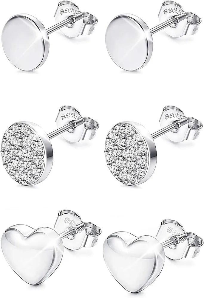 925 Sterling Silber Round Stud Ohrringe für Frauen Mädchen Herz Plain Stud Ohrringe Set von 3 Paaren Ohrringe Cubic Zirkonia Ohrringe Hypoallergenen Ohrringe