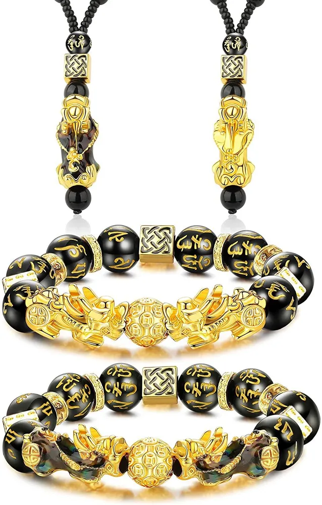 4 Stück Feng Shui Schwarz Obsidian Reichtum Armband Kette Set für Männer Frauen Gut Lucky Nafu Halskette Schwarz Perlen Armband Schmuck einstellbar