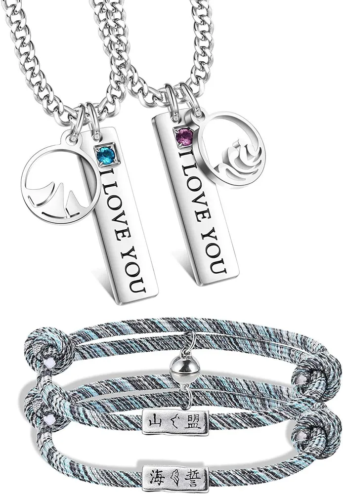 2Pairs Charm Paar Halskette Armband Set für Frauen Männer verstellbare Edelstahl Anhänger Halskette Seine & Ihre Armbänder Paare Set für Liebhaber Langstreckenbeziehungen Geschenke
