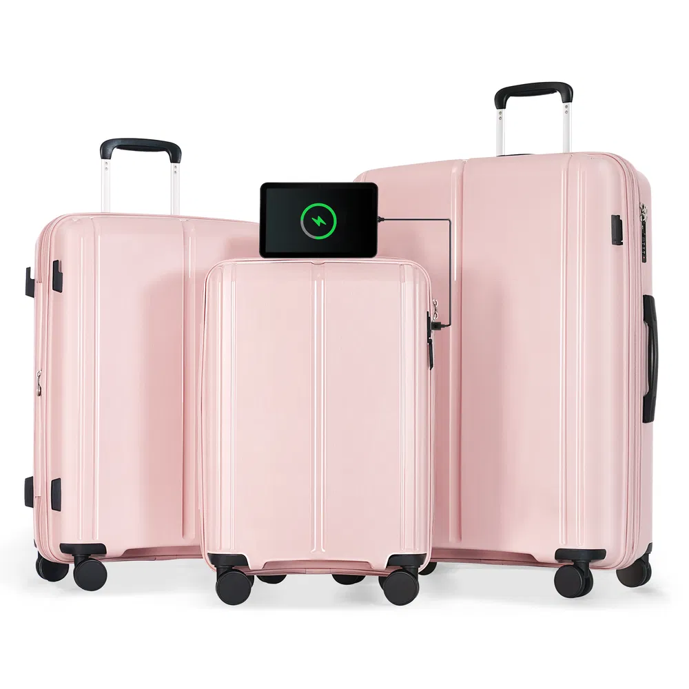 Gepäckset 3 - Stück Koffer Set 20 / 24 / 28 mit USB-Anschluss, Tragen Sie auf Gepäck Airline genehmigt, PP Leichtgewicht Koffer mit Spinner-Räder, Pink