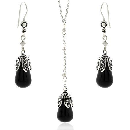 Sterling Silber .925 Original Onyx Stone Leaf Petal Bead Dangle Hook Ohrringe & Y-Kette 18.5 - 19.5 Schmuckset