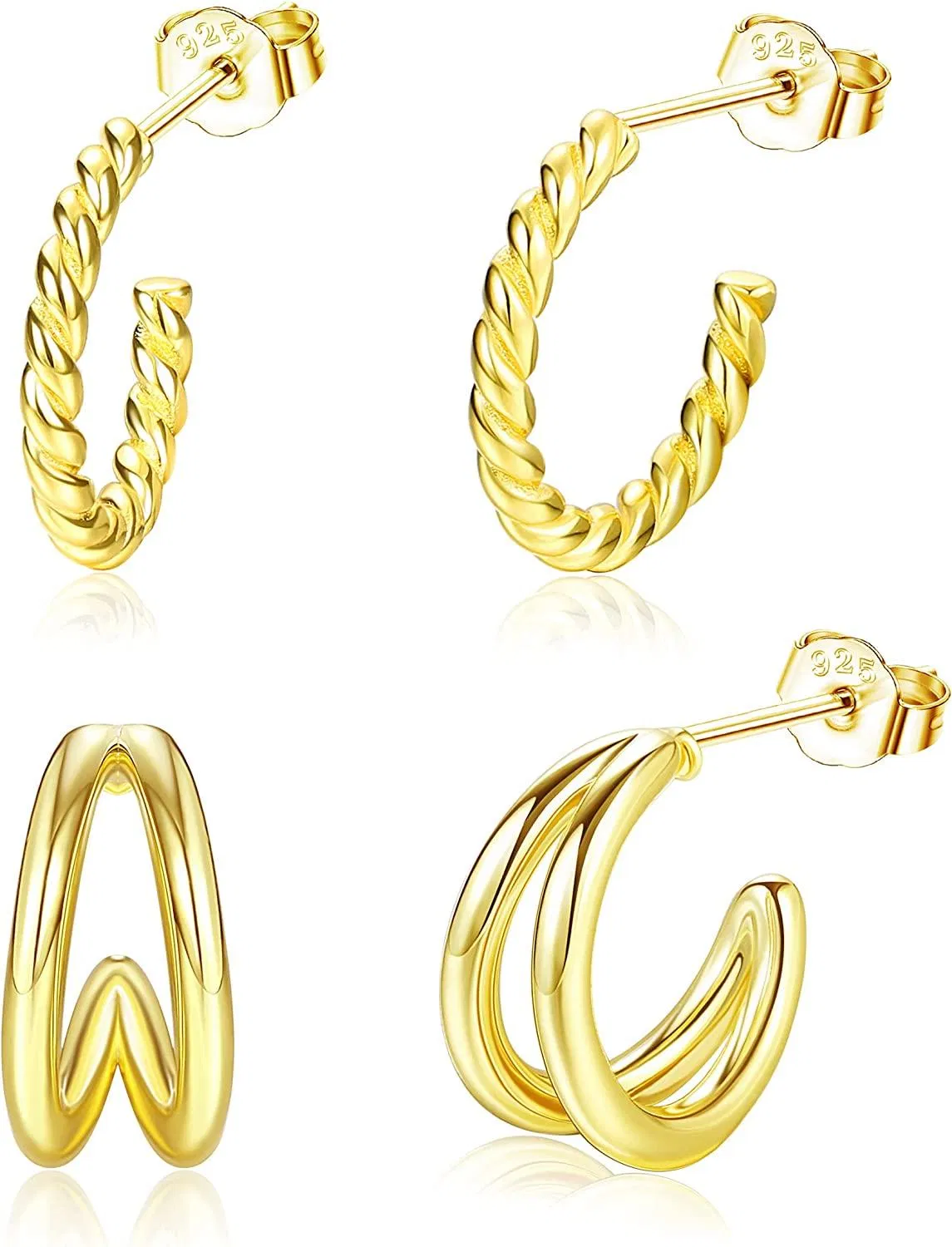 2 Paare Sterling Silber Twisted Hoop Ohrringe 18K Gold / Rose Gold Plated Split Hoop Ohrringe Halb Huggie Hoop Ohrringe für Frauen