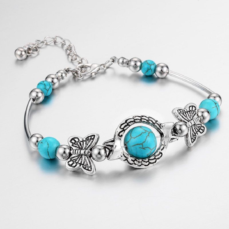Böhmisches Armband Türkis Cracked Harz Ball mit einzigartigen Schmetterling Schnitzerei Strandschmuck