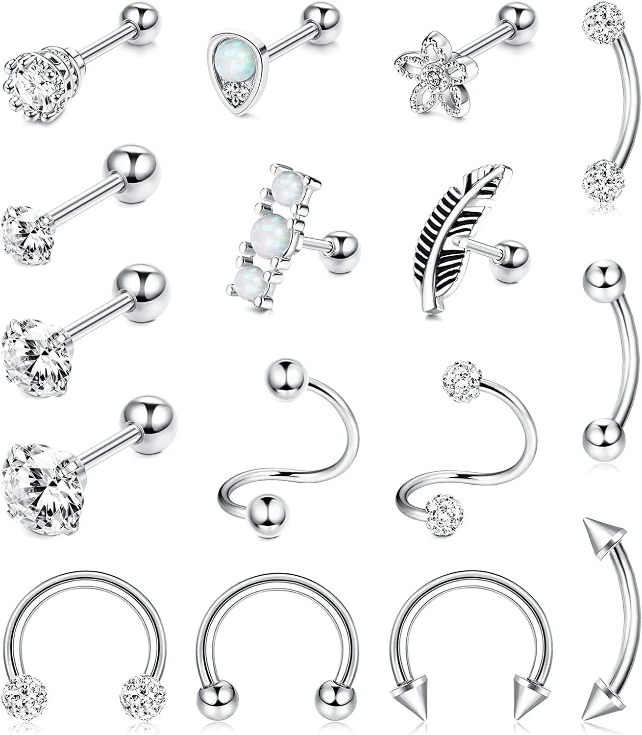 16pcs 18G Edelknorpel Ohrringe Piercing Cubic Zirkonia Stud Ohrringe für Männer Frauen Vorwärts Helix Tragus Ohrringe Conch Rook Piercings Knorpel Piercing Set