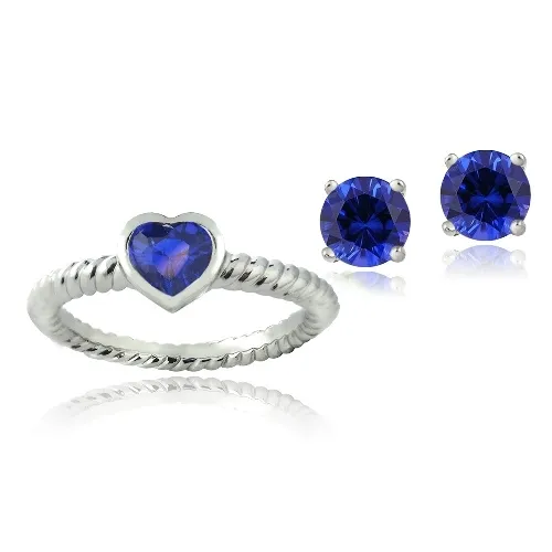 Silberton 1,75ct geschaffen Blau Sapphire Herz Ring & Stud Ohrring Set