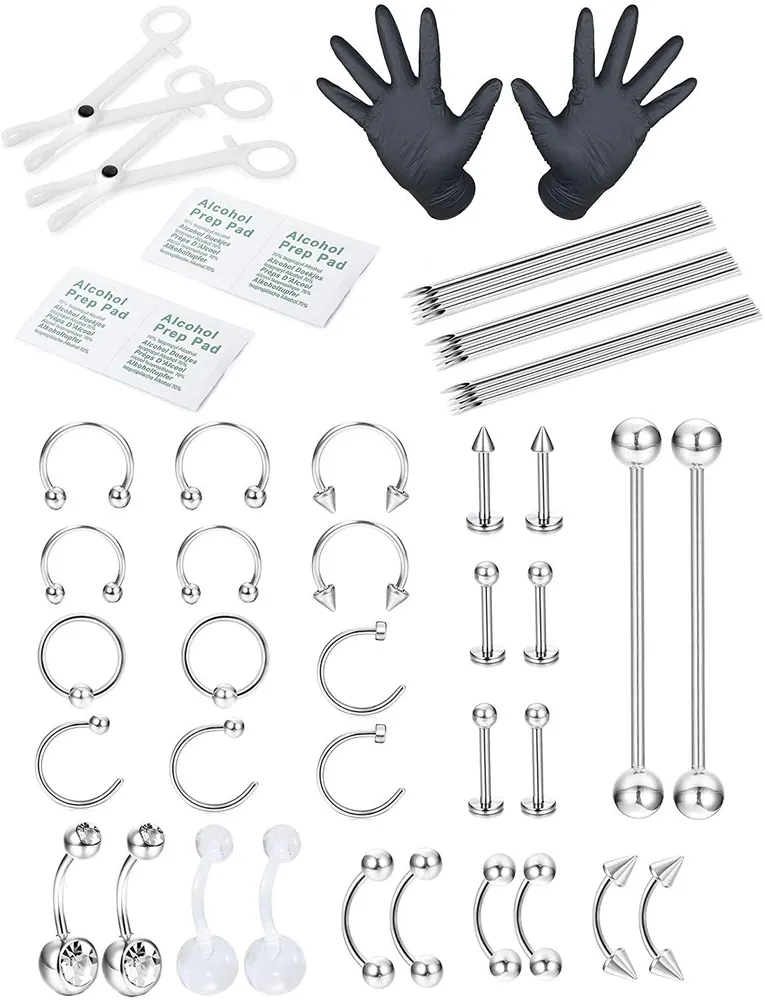 51 Pcs Professional Piercing Kit Edelstahl Bauchknopf Ringe Zunge Tragus Knorpel Helix Daith Rook Nipple Augenbrauen Nasenring Lippe Körperschmuck 14G 16G 18G