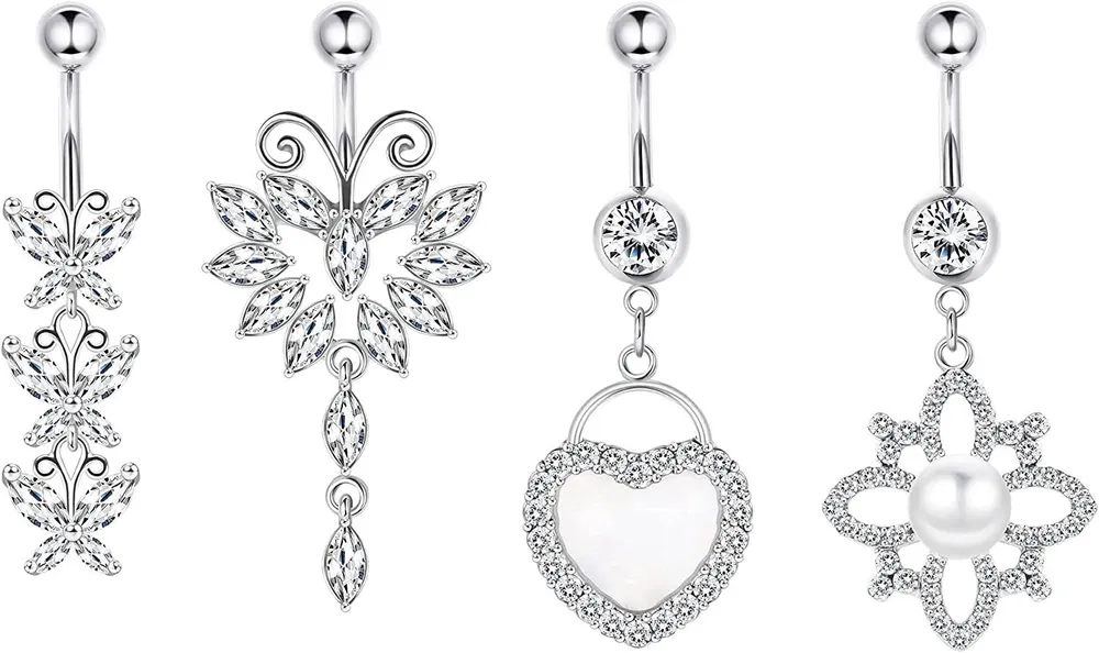 4pcs 14G Bauchknopfringe Dangle chirurgische Edelstahl Bauch Nabelringe gekrümmte Barbell CZ Herz Schmetterling Blumen Bauch Körper Piercing für Frauen