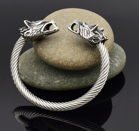 Asgard Handgefertigte Edelstahl Große Graue Wolf Kopf Torc Armband