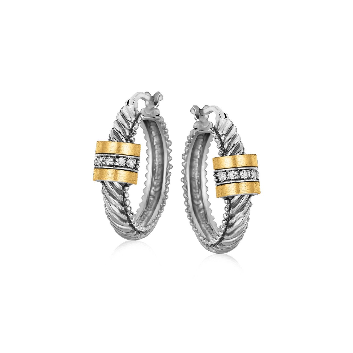 18 Karat Gelbgold und Sterling Silber Diamant italienische Kabelstil Hoop Ohrringe