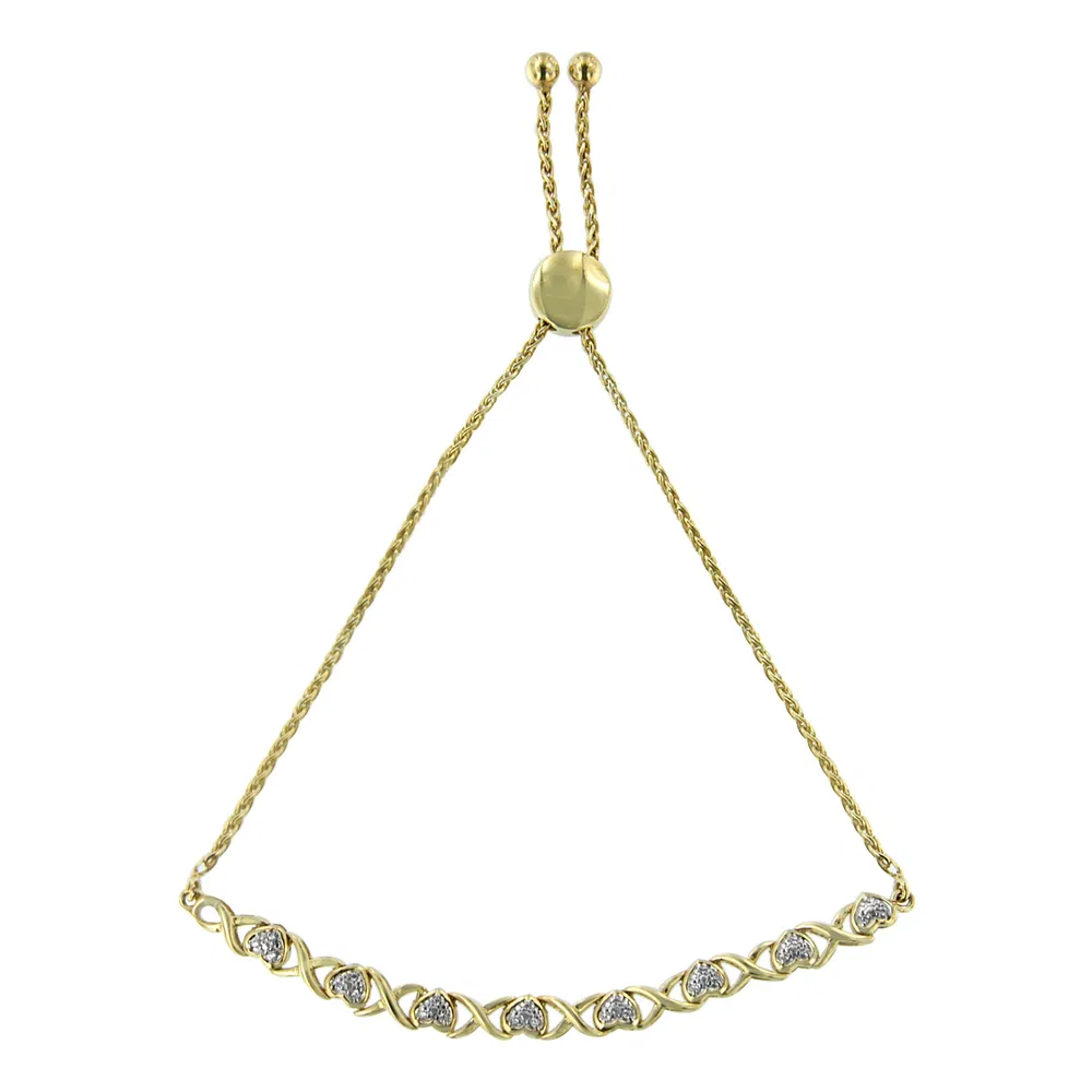 10 Karat Gelbgold über .925 Sterling Silber 1 / 10 Cttw Diamantherz und X-Link 6'- 9'- verstellbares Bolo Armband (H-I Farbe, I2 - I3 Klarheit)