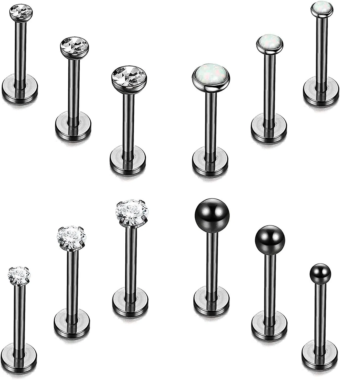 12 Stück Lippen-Stocken Nasen-Stocken für Frauen Männer 16 Gauge Edelstahl-Ball Zirkon Opal Labret-Stocken Knorpel Vorwärts Helix Tragus Ohrringe Piercing Körper Piercing Schmuck; 8mm