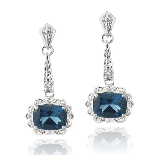 Sterling Silver 3,8ct London Blue Topaz & Diamond Accent Vintage Emerald Cut Dangle Ohrringe