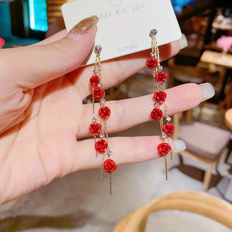 Rot / Purple Rose Flower Tassel mit glänzendem Zirkon-Dekor Dangle Ohrringe Elegant Luxus-Stil Hochzeitsbanket Accessoires