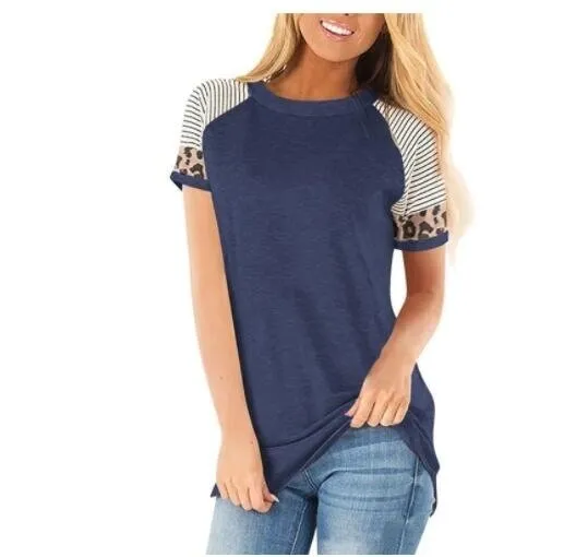 Leopard Patchwork gestreiftes Short Sleeve Top-T - Shirt