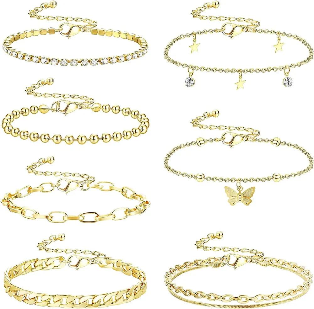 Gold Knöchel-Armbänder Set für Frauen; 7PCS Boho Butterfly Beach Anklets Flat Mariner Chain Leaves Rhinestone Tennis Anklets verstellbare Fuß Schmuck Geschenke