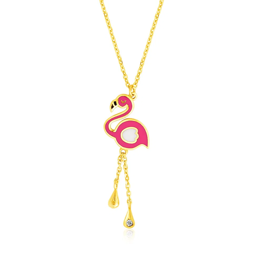 14 Karat Gelbgold Kinder Halskette mit Emailliert Flamingo Anhänger