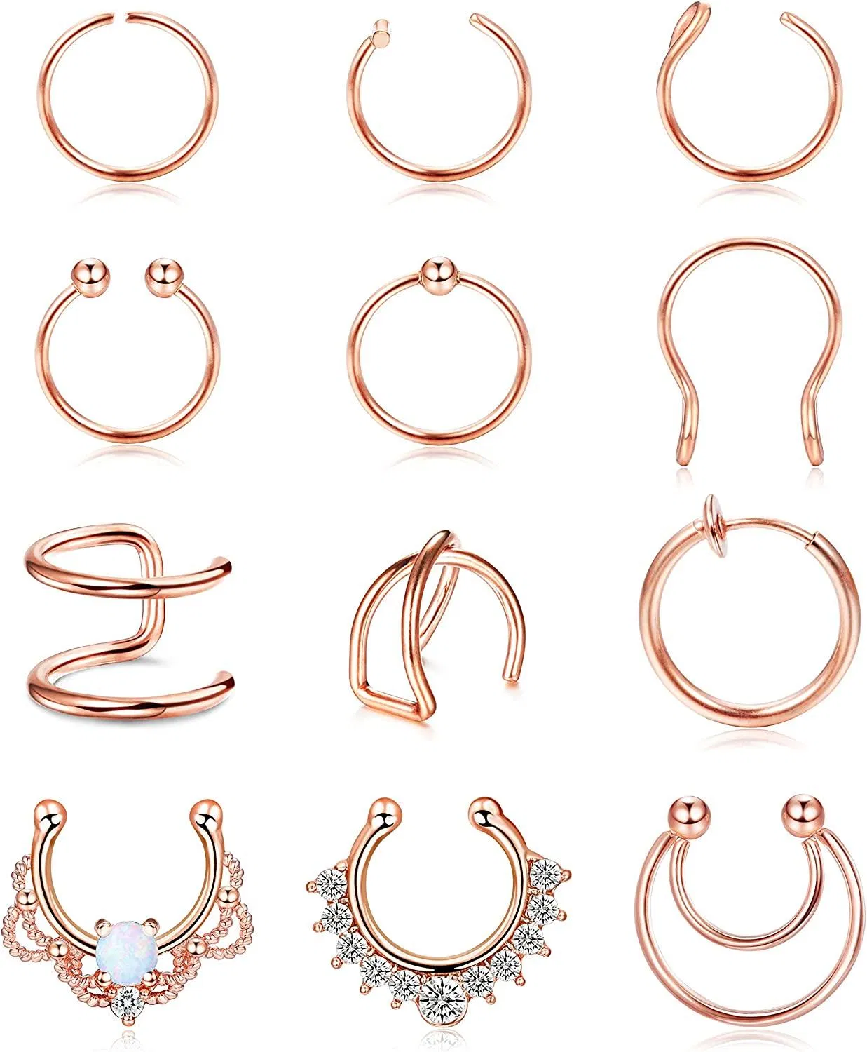 12Pcs Falsche Nase Ringe Hoop Edelstahl Faux Septum Piercing Clip auf Nase Septum Ring Faux Nicht-Pierced Nasen Ringe Ohrringe Schmuck