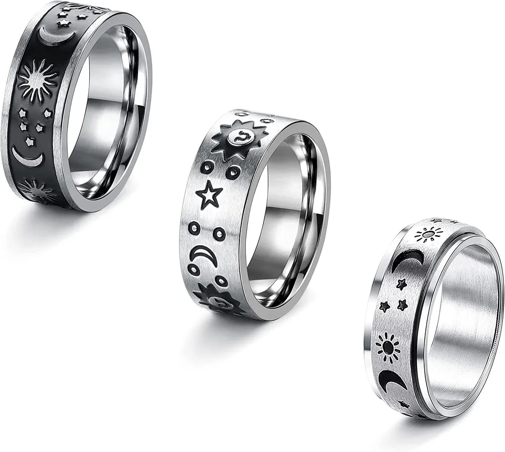Edelstahl-Fidget - Ringe für Angst Für Frauen Männer Spinner-Ringe mit Sonne Mond Stern Blume Stille Fidget-Ringe für Stresslinderung Reduzieren Angst Größe 8