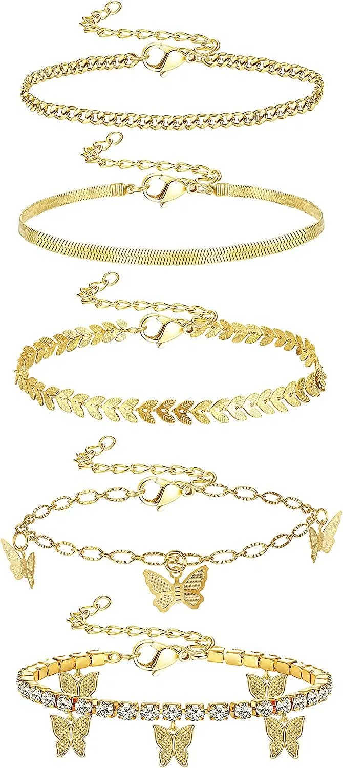 5 Stück Knöchel-Armbänder für Frauen 18K Gold beschichtete kubanische Link-Ankleber Flat Mariner Ankleber Pack Seil / Figaro / Tennis Schmetterling geschichtete verstellbare Ankleber für Frauen