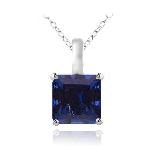 Sterling Silber 2,75 Karat geschaffen Blau Saphir Quadrat Solitaire Halskette
