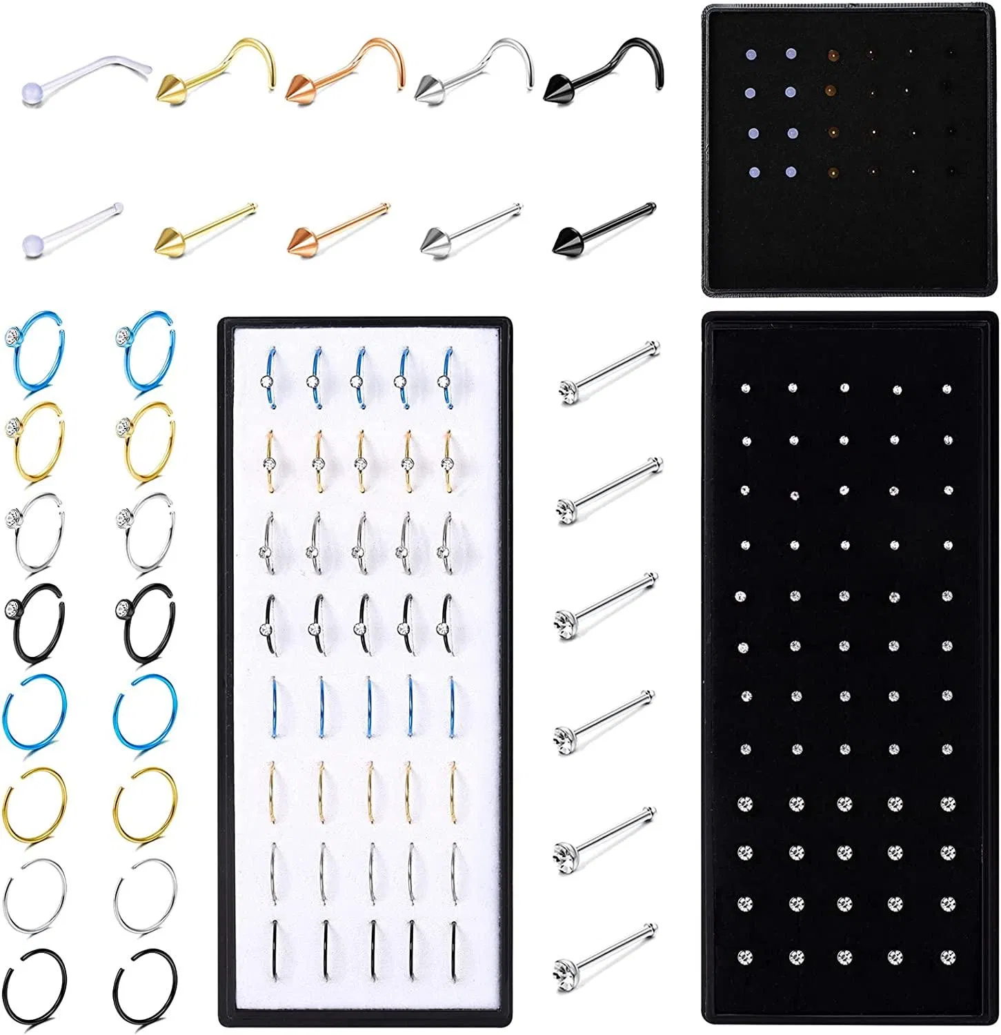 124Pcs Nasenringe Stud Edelstahl Nasen Studs Ring Hoop für Frauen Männer Nasen Piercing Nasenringe Knochen Studs Schrauben Piercing 20G 1.5mm 2mm 2.5mm