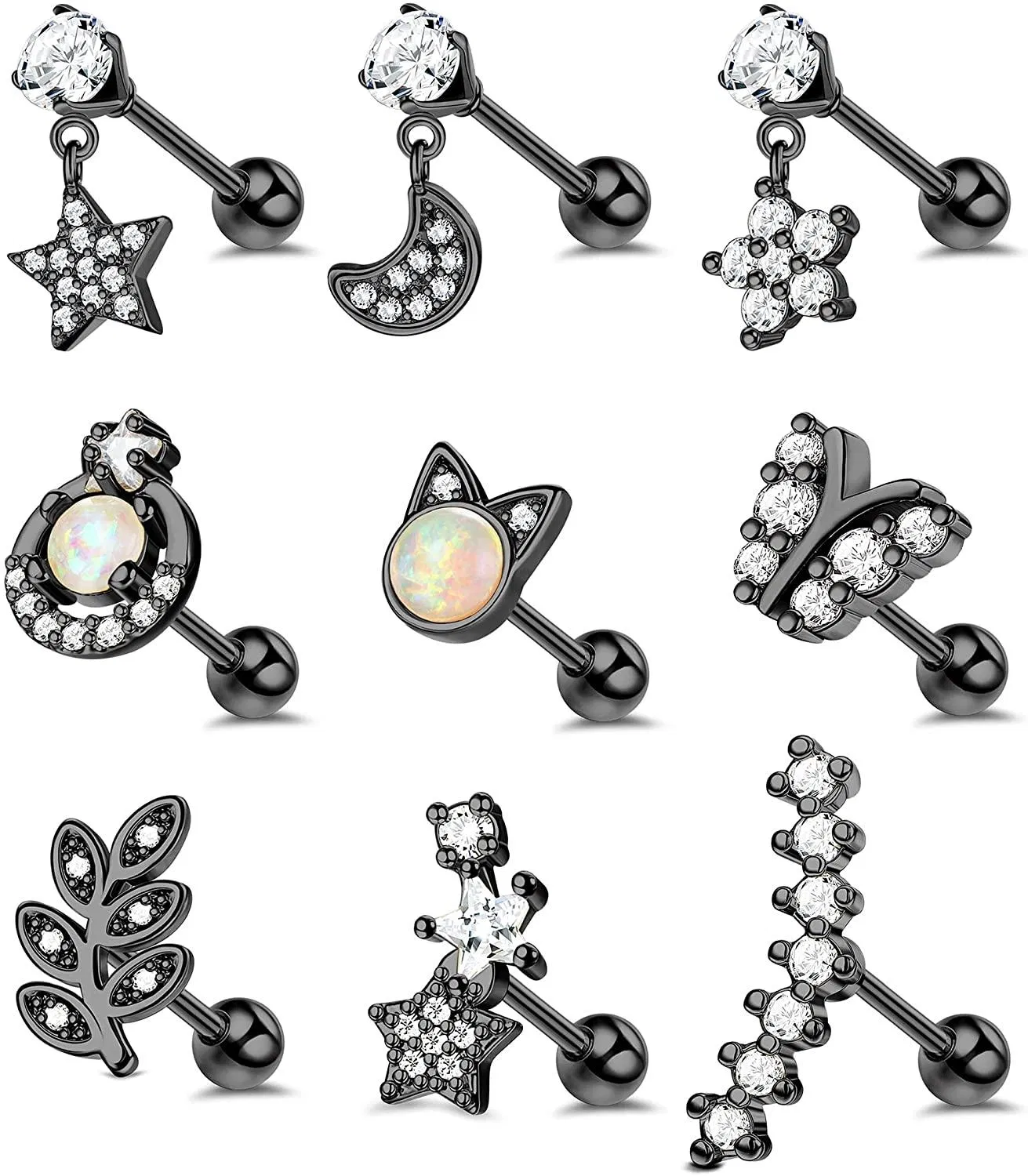 Knorpel Ohrringe für Frauen 16G 316L Edelstahl CZ Stern Mond Blume Dangle Knorpel Stud Ohrringe Katze Buterrfly Vorwärts Helix Muschel Tragus Ohr Piercing Schmuck