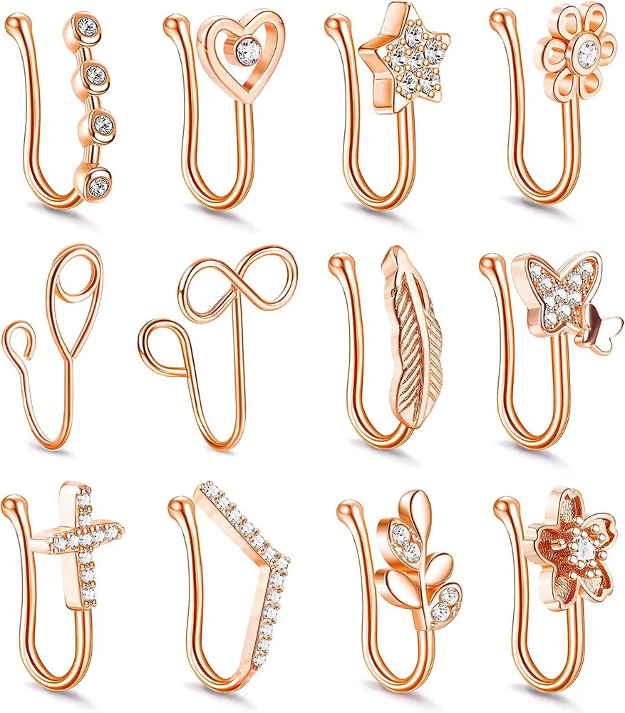 12pcs Falsche Nase Ring Schleife; Nasen Manschette für nicht durchdrungen für Frauen Männer; Afrikanische Nasen Manschette Faux Septum Nasen Piercing CZ-Schleife Ringe Clip On