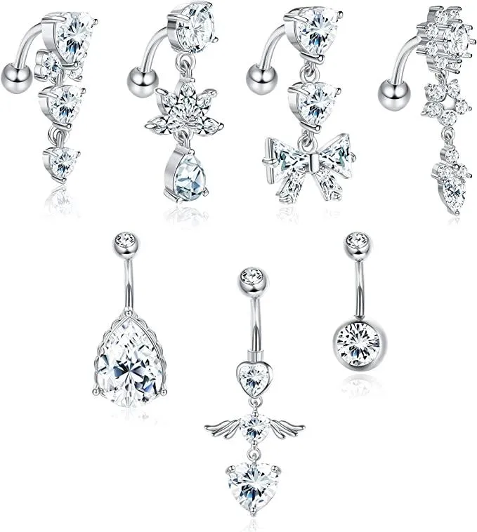 14G Bauchknopfringe 316L Chirurgisches Herz Clear CZ Bauchringe Dangle Nabelringe Umgekehrte gebogene Nabel Barbell Piercing Körper für Frauen