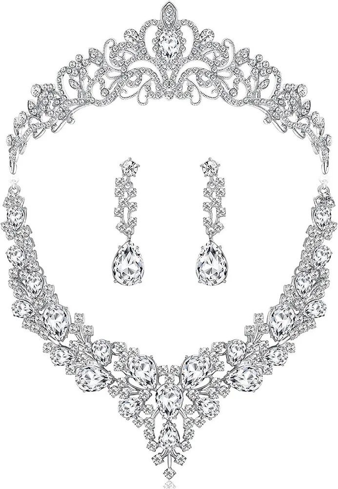 Brautset für Frauen Rhinestone Halskette Ohrringe Sets für Braut Brautjungfer Brautarmband Hochzeit Krone Silber Kristall Kostüm Set