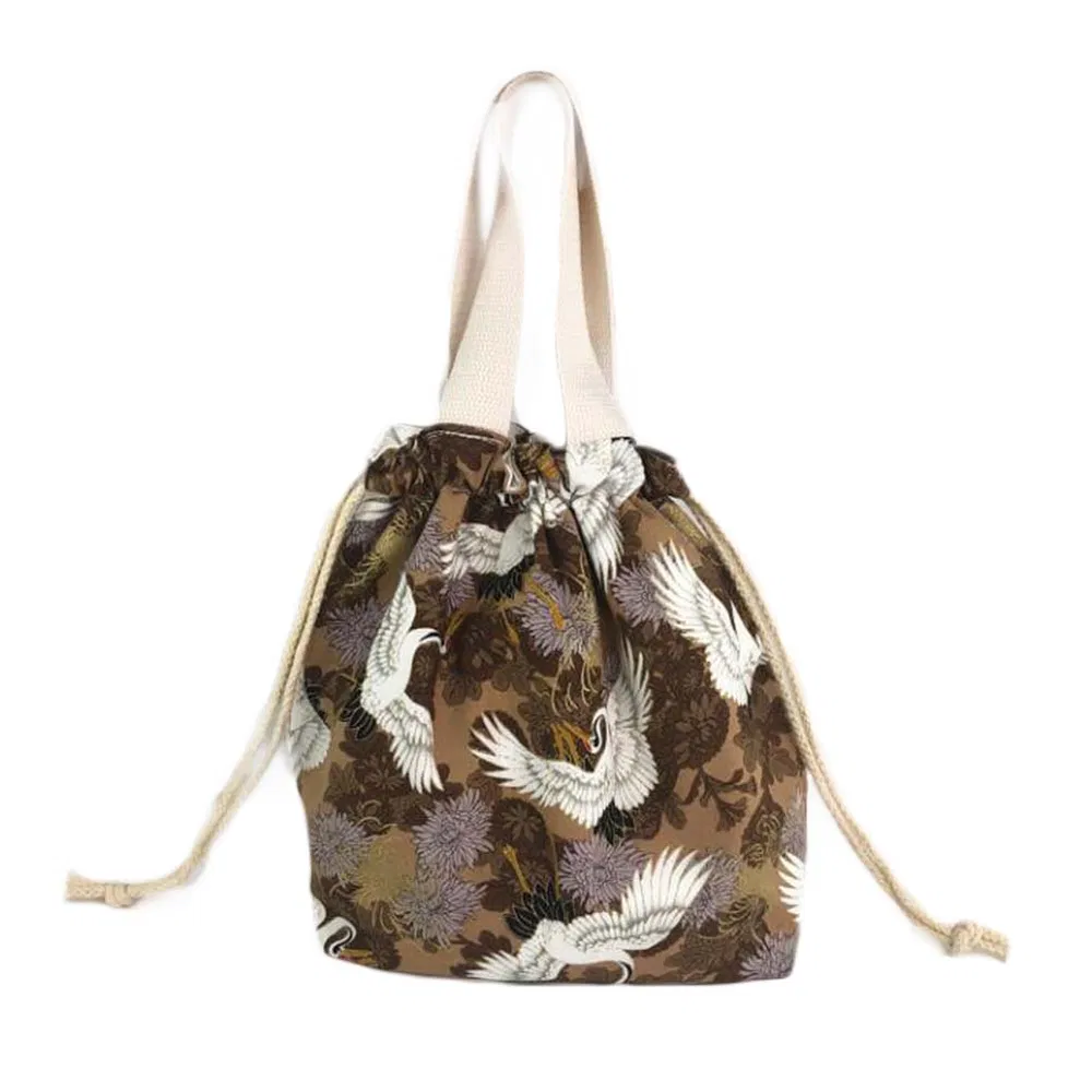 Khaki Chrysanthemum Krane Zipper Lunch Bag Japanischer Stil Canvas Nette Mittagessen Box Bento Bag Große Kapazität Mittagessen Tote Bag