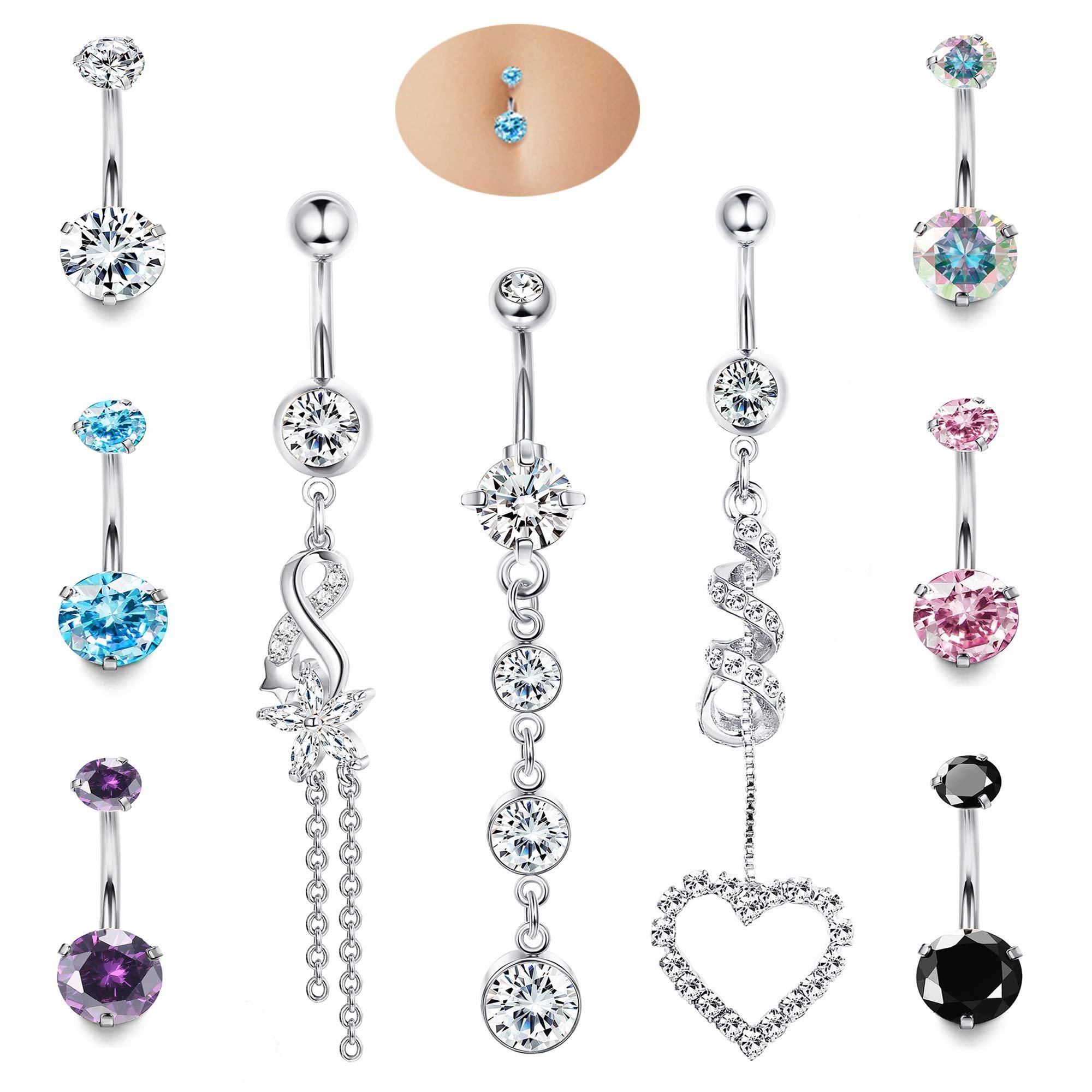 9 PCS Bauchknopfringe Dangle für Frauen Chirurgischer Stahl farbenfrohe CZ Inlay Barbell Bauch Piercing 14 G Körperschmuck Piercing Nabelringe Bauchknopfringe Set