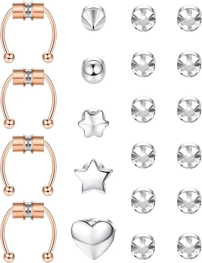 21Pcs Magnetic Septum Nose Ring Horseshoe Fake Nose Ring Hoop Edelstahl Non-Piercing Clip auf CZ Ohrringe Magnetische Stud Ohrringe für Frauen Männer