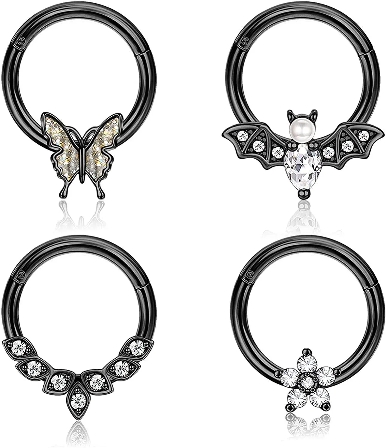 4pcs 16G Septum Ringe Edelschleife Nasenring Knorpel Helix Piercing Tragus Hoop Daith Ohrringe CZ Schmetterling Blumen Fledermaus Piercing Septum Jewelly