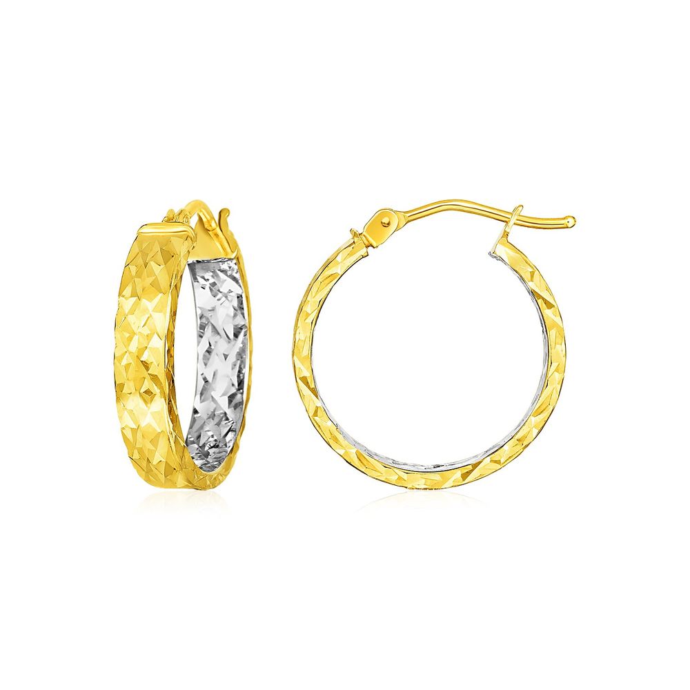 14 Karat Gelbgold Breite Hoop Ohrringe mit Diamantgeschnitten Textur