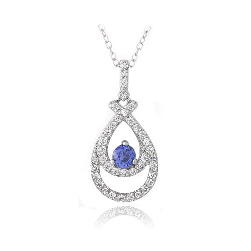 Sterling Silber Tanzanit & Clear CZ Doppel Tränenband Halskette