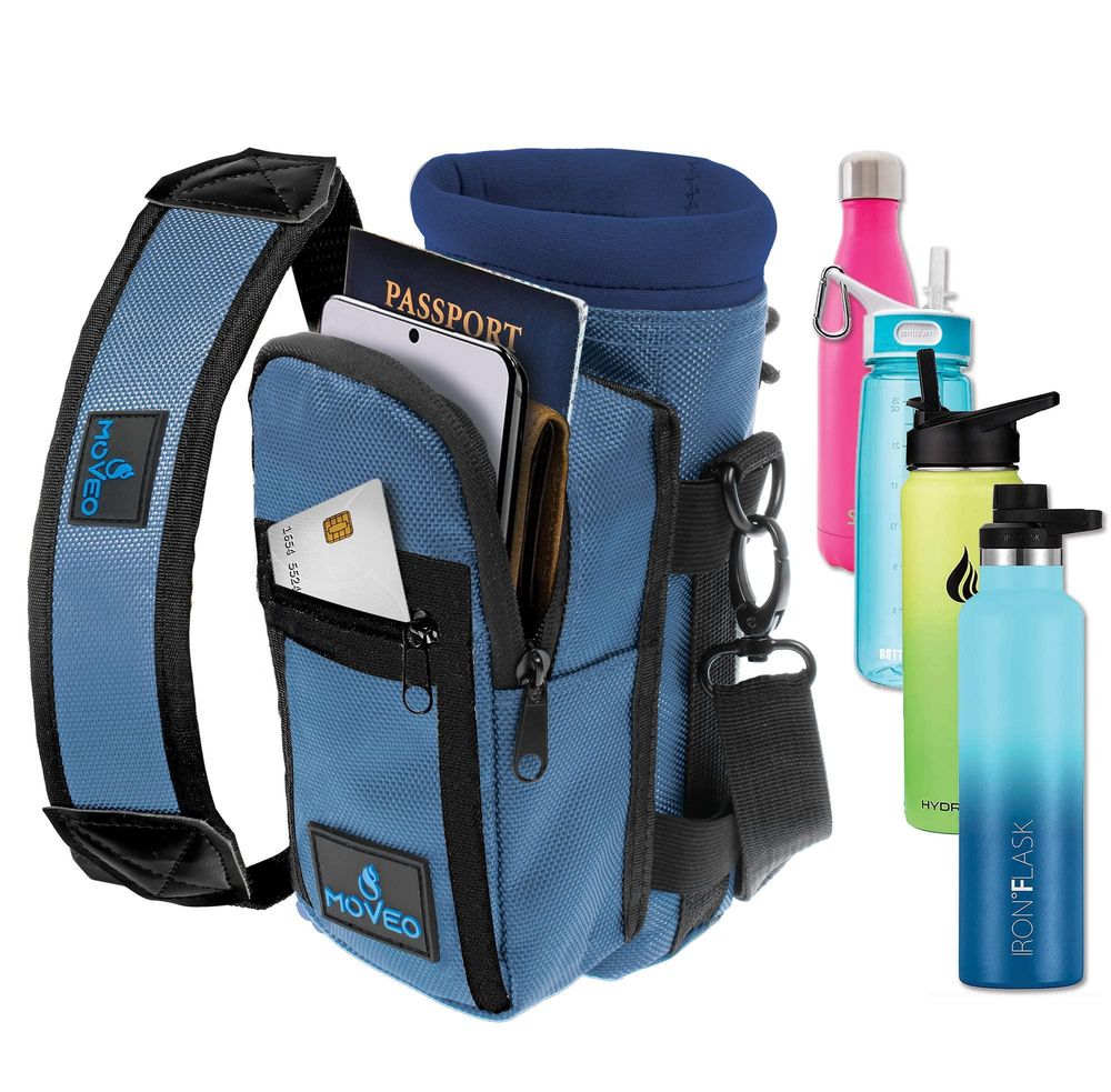 Blauer Wasserflaschenhalter Träger Flaschenkühler mit verstellbarem Schulterband und Fronttaschen Geeignet für 16 oz bis 25 oz Flaschen Tragen Schützen Isolieren Sie Ihre Flasche oder Hydro Flasche