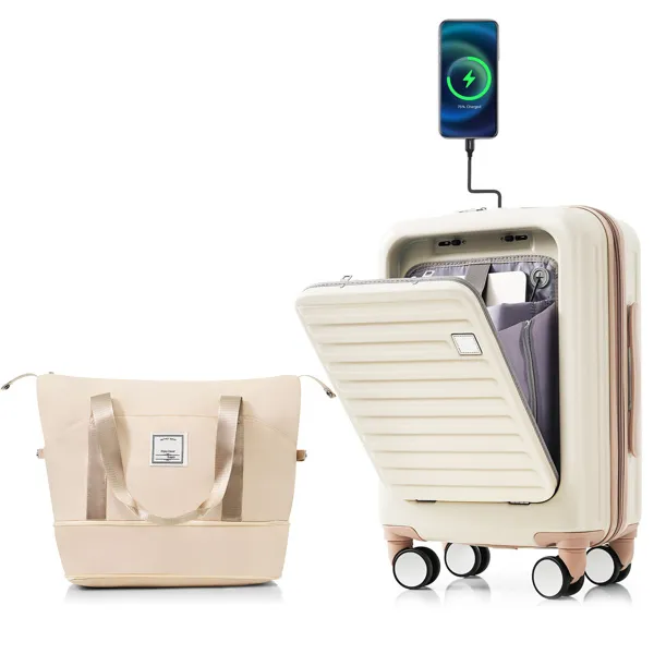 Front Opening 20 - Zoll Handgepäck mit erweiterbarem Reisetaschenset, ABS Hard Shell Zwei-Teil - Kofferset mit USB-Anschluss, Cup Holder, Elfenbein und Gloden