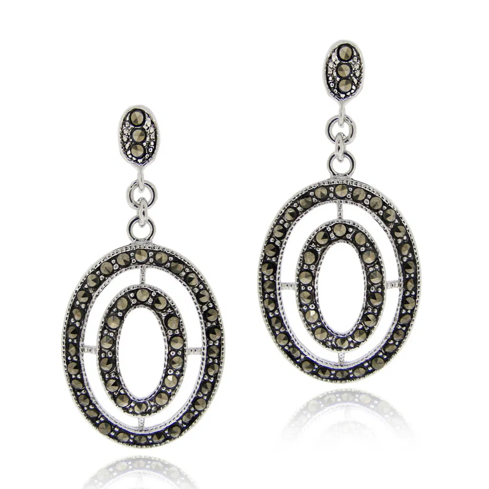 Sterling Silber Marcasit Doppel Oval Dangle Ohrringe
