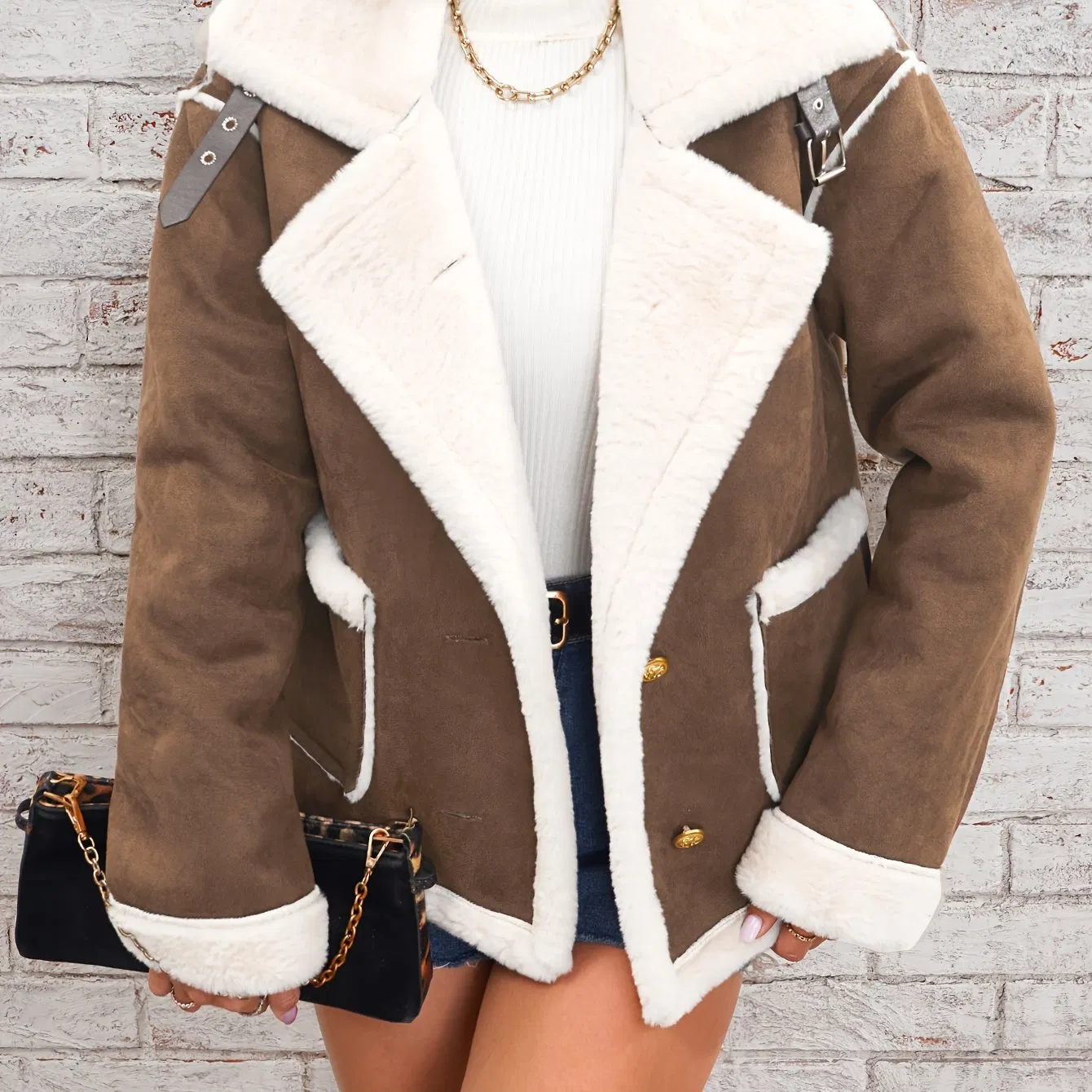Lapel Plüschjacke, Winter warme Casual Outwear, Damenbekleidung
