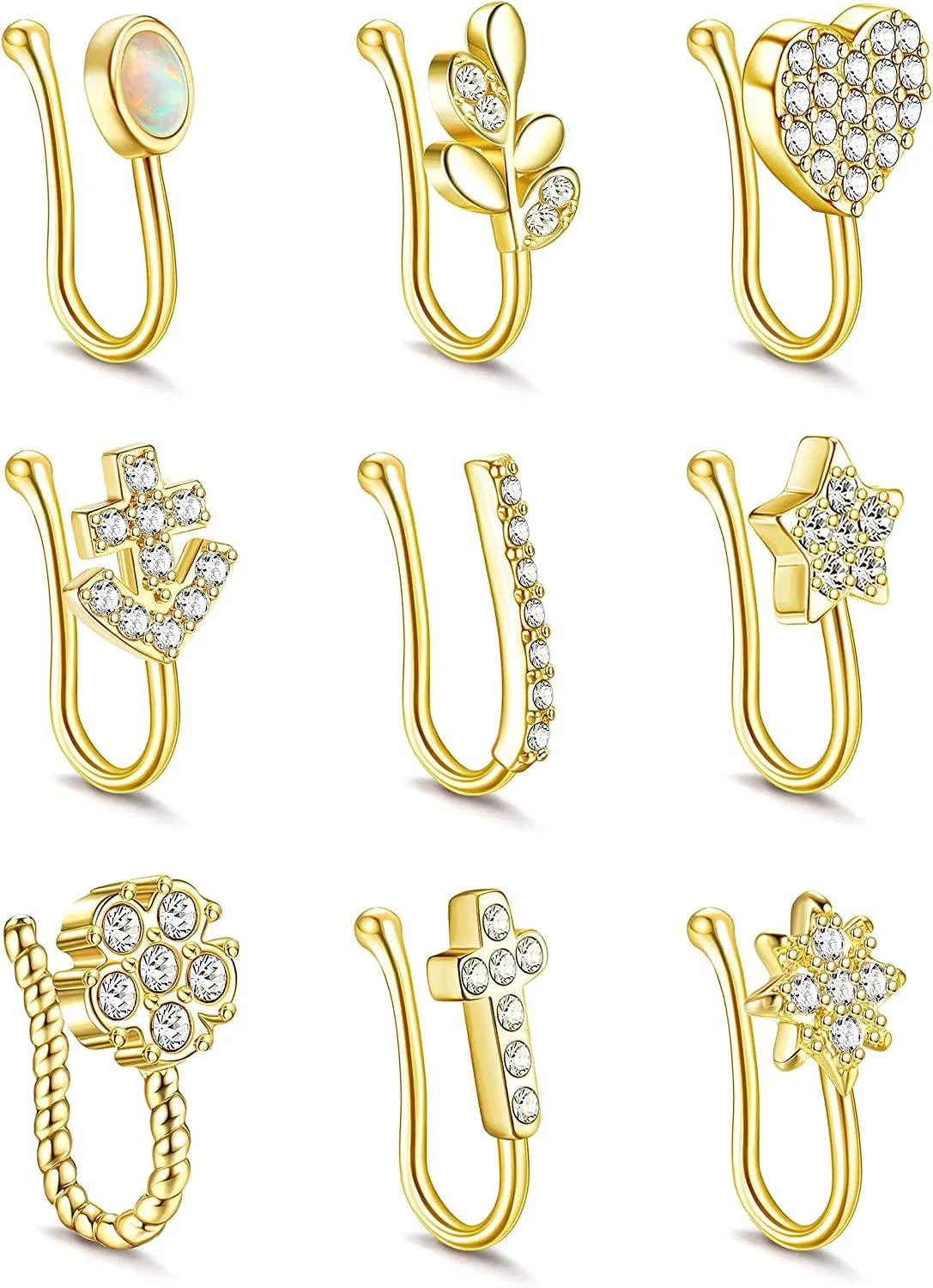 9 Stück Falsche Nase Ringe für Frauen Edelstahl Nasen Manschette Eingezogen CZ Opal Clip Auf Faux Septum Knorpel Tragus Ring Nicht Piercing Schmuck