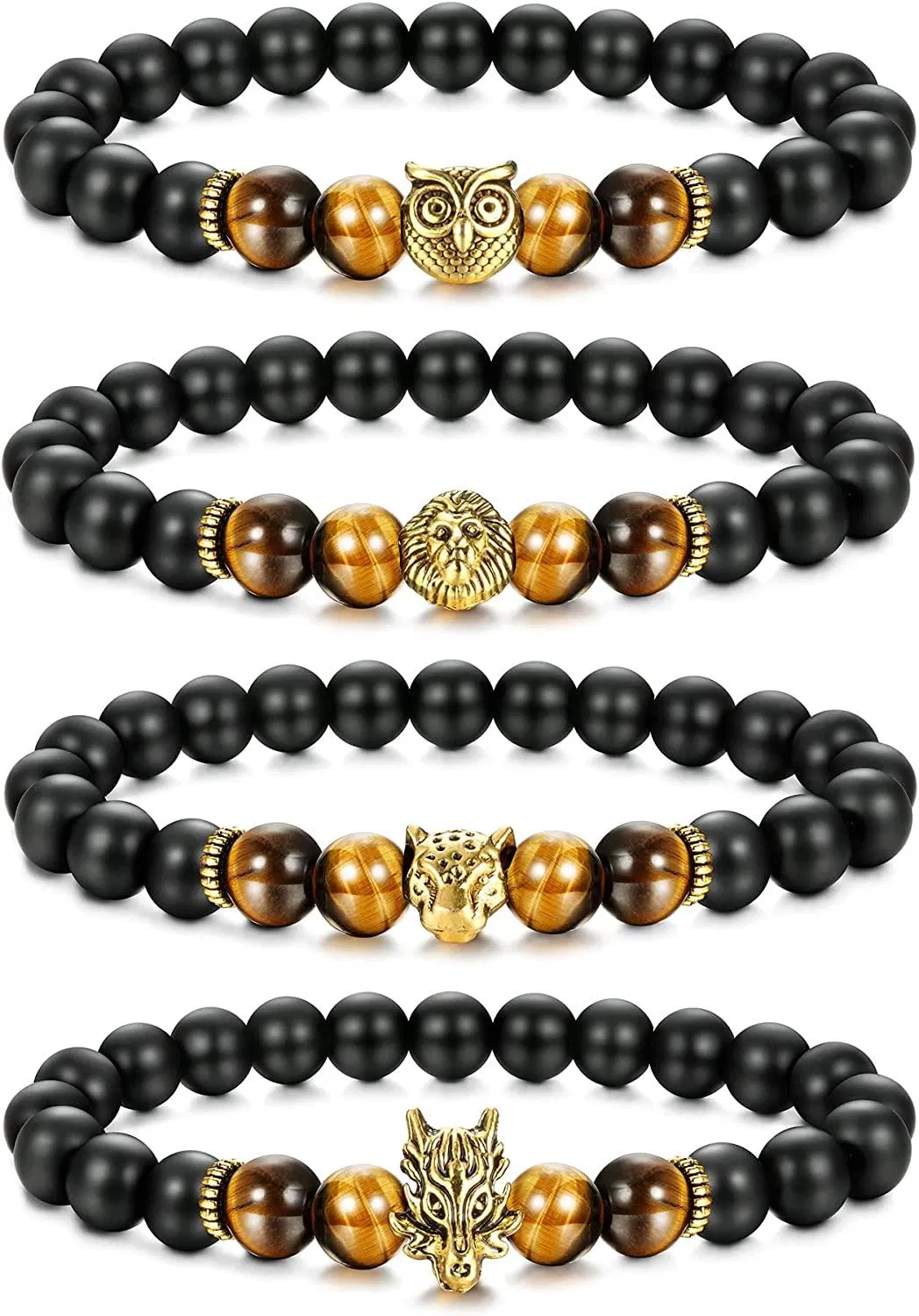 4PCS Perlenarmband für Männer Frauen Schwarz Matte Onyx Tiger Eye Crown King Panther Charm Elastisch Lava Rock Vulkanstein Perlen Set Verstellbar