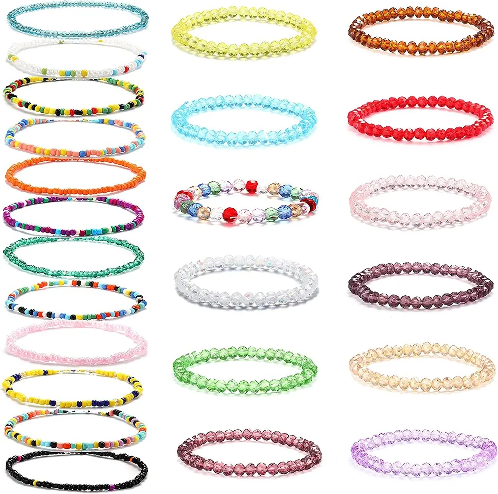 24 Stück Handgefertigte Perlen Armbänder für Frauen Verstellbare Kristalle Stretch Armbänder farbenfrohe elastische Perlen Ankleber Armbänder Set