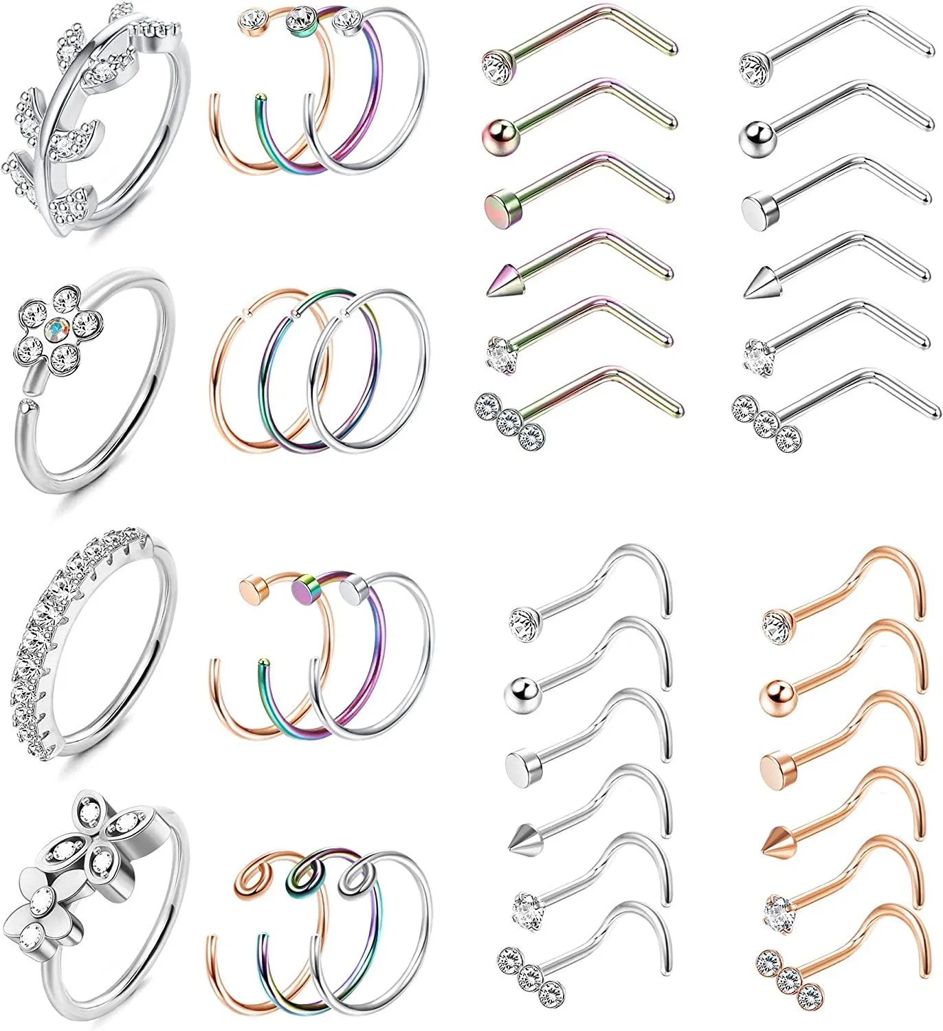 40pcs 20G Nasenringe Studs Edelstahl Nasenringe Hoop für Frauen Männer L-Form Schraube Nasen Studs Nasenloch Piercing für Frauen Männer