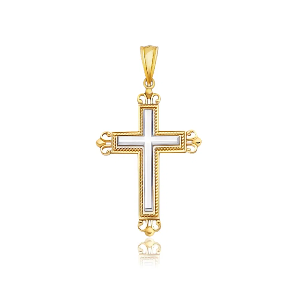 14 Karat Zwei-Ton - Gold Kreuz Anhänger mit einem verzierten Knospen-Stil