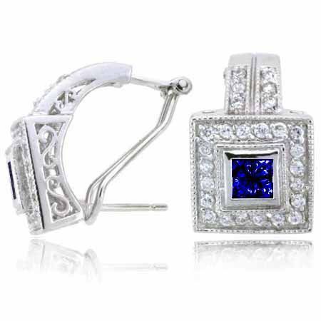 Sterling Silber Blau cz und simulierte Diamant CZ Omega Ohrringe