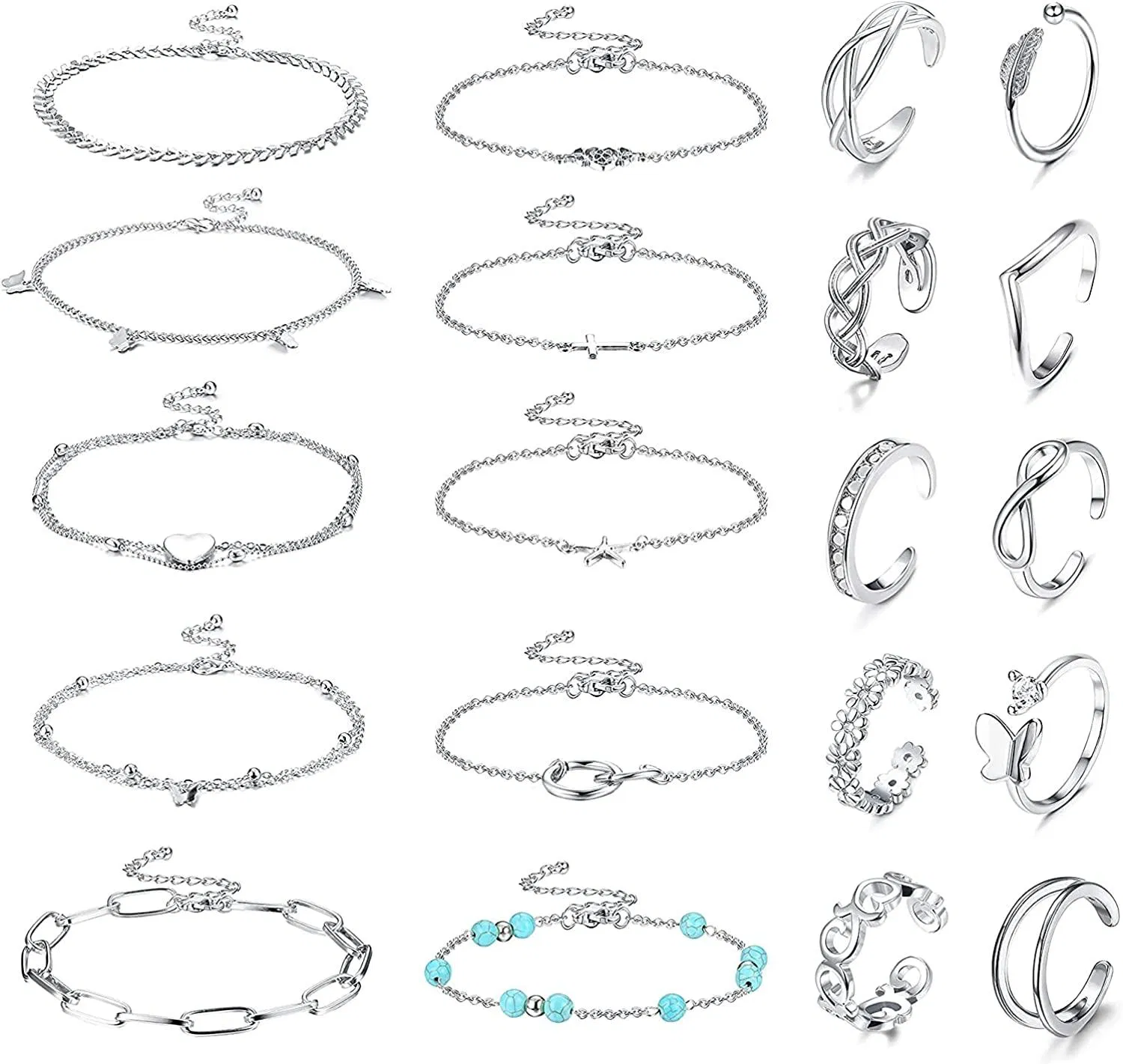 20pcs Ankleber und Zehenringe Set Gold Silber einstellbare Schicht Knöchel Armbänder offen Zehenringe für Frauen Strand Fuß Schmuck