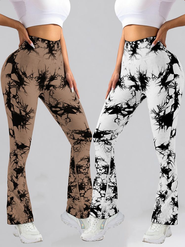 2 Pack Krawatte gefärbt High Waisted Flared Butt-Lifting Fitness Sport Damen Yoga Bell-Bottom Hose, Workout Leggings Für Frauen, Gym Scrunch Butt Butt Lifting Nahtlose Leggings