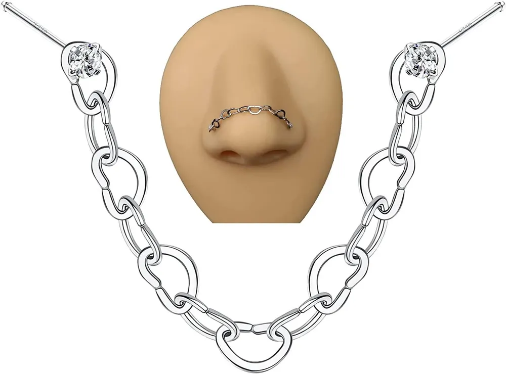 20G Nasenringe für Frauen Männer 925 Sterling Silber Nasenkette Nasen Piercings 1.5MM CZ Nasen Studs Nasenloch Herzkette Nasen Körperschmuck